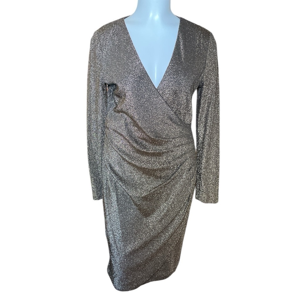 DKNY V-Neck Side Ruched Metallic-Dot Dress sz 6